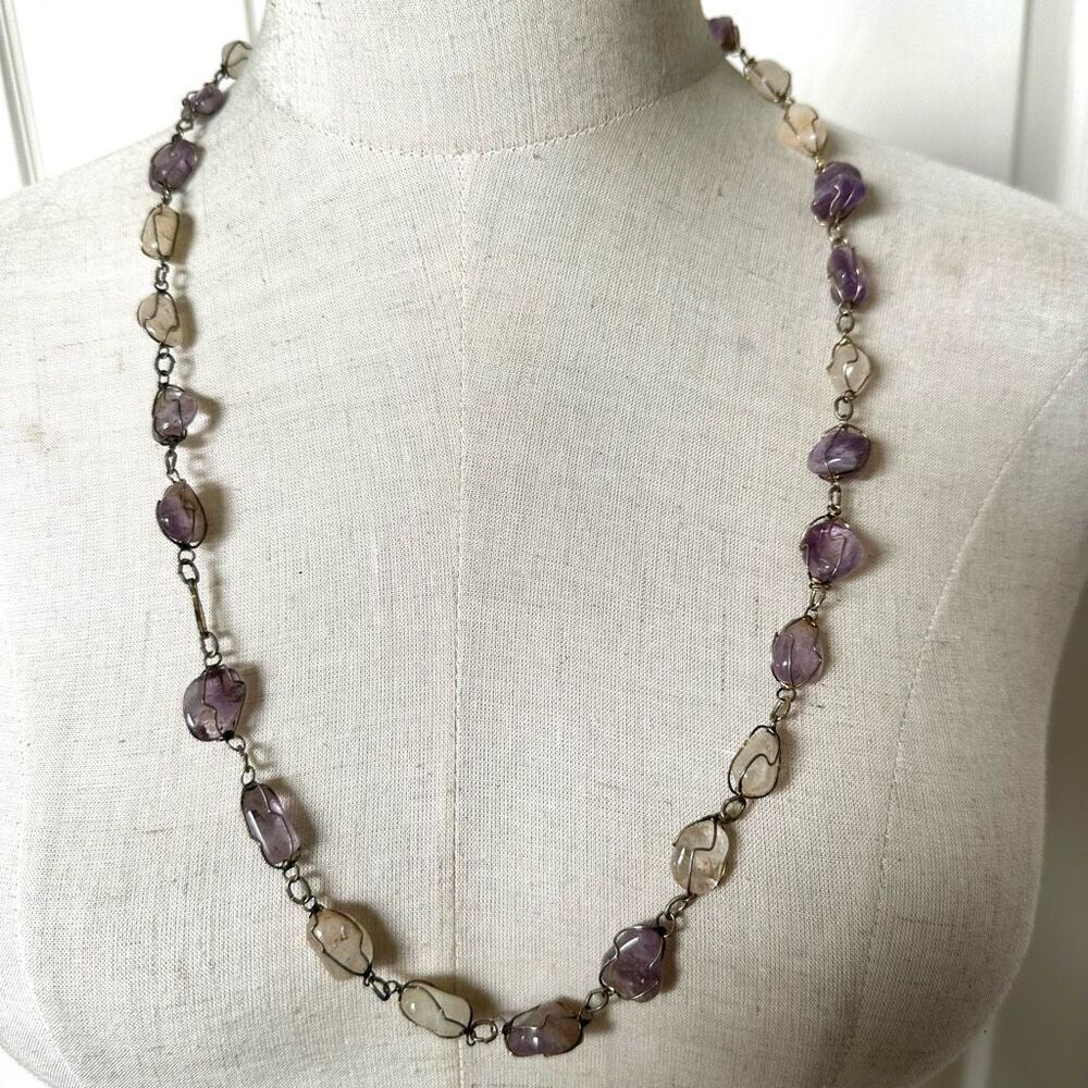 Amethyst and ametrine caged wire wrapped necklace